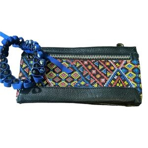 Raf'E pebble, leather wristlet, black handcrafted beaded Work